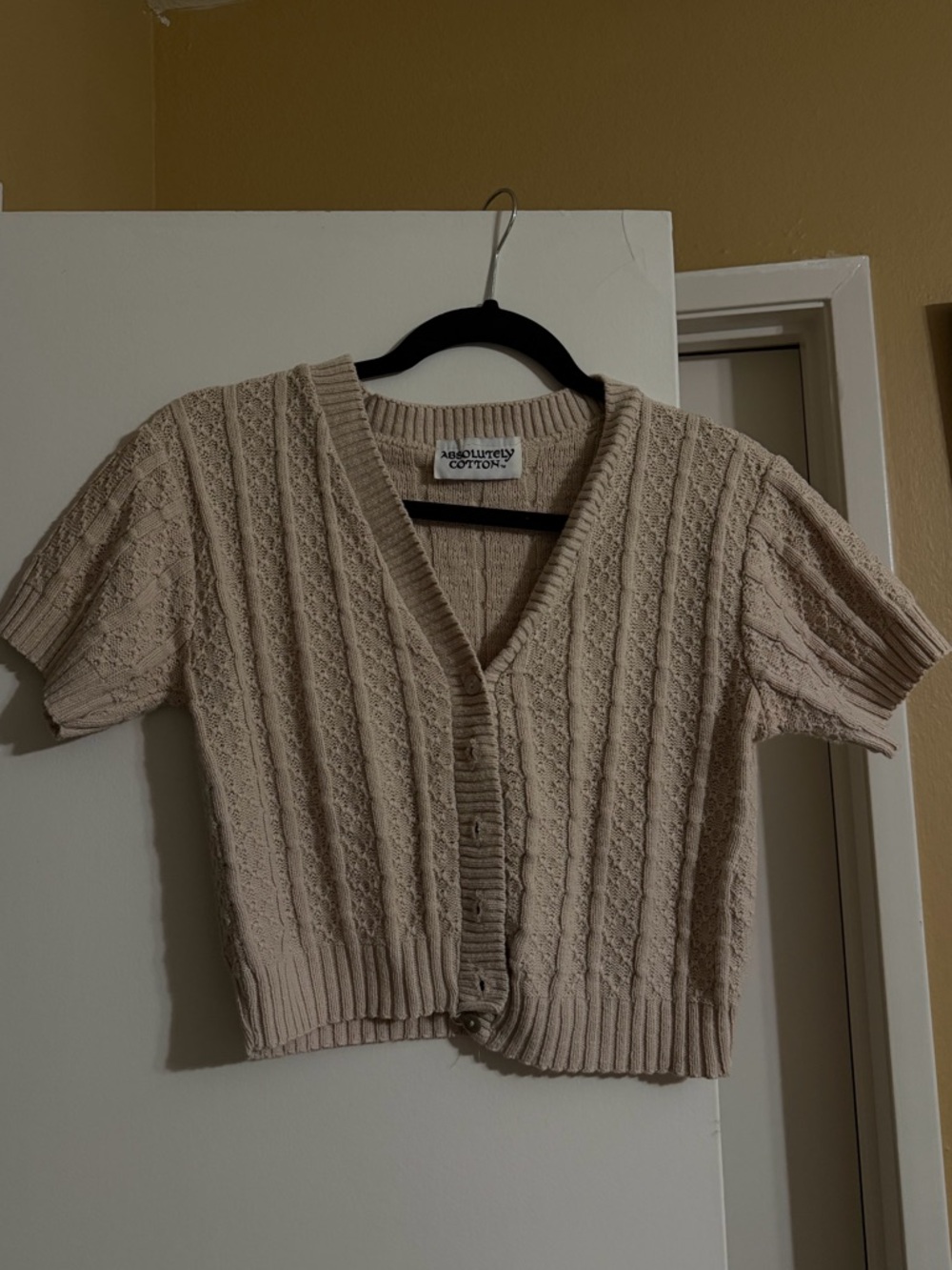 Cream Short-Sleeve Cable Knit Cardigan Sweater